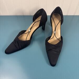 VTG '98 Coldwater Creek 8 Black Satin Heel Pump embellished Elastic Strap Y2K
